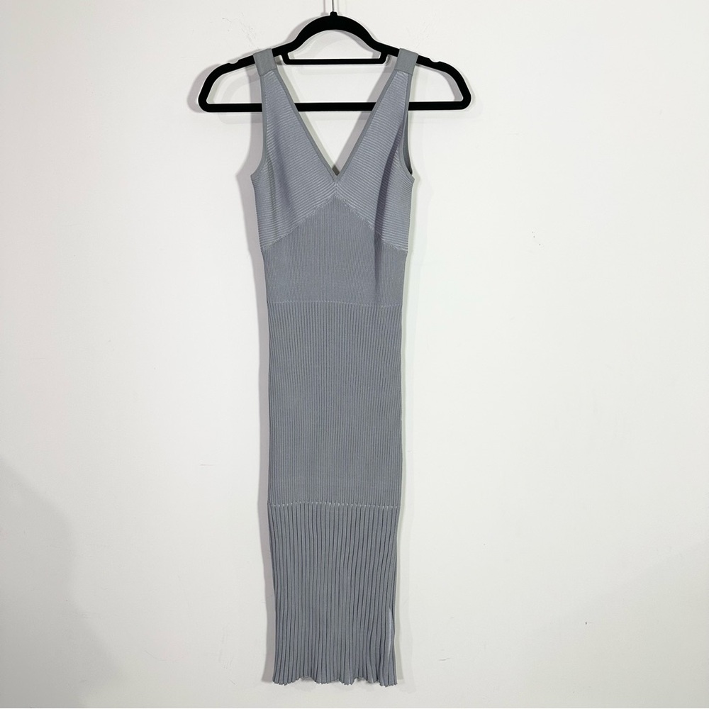 Club Monaco Light Gray Ribbed Sleeveless V-Neck Bodycon Midi Dress NWT